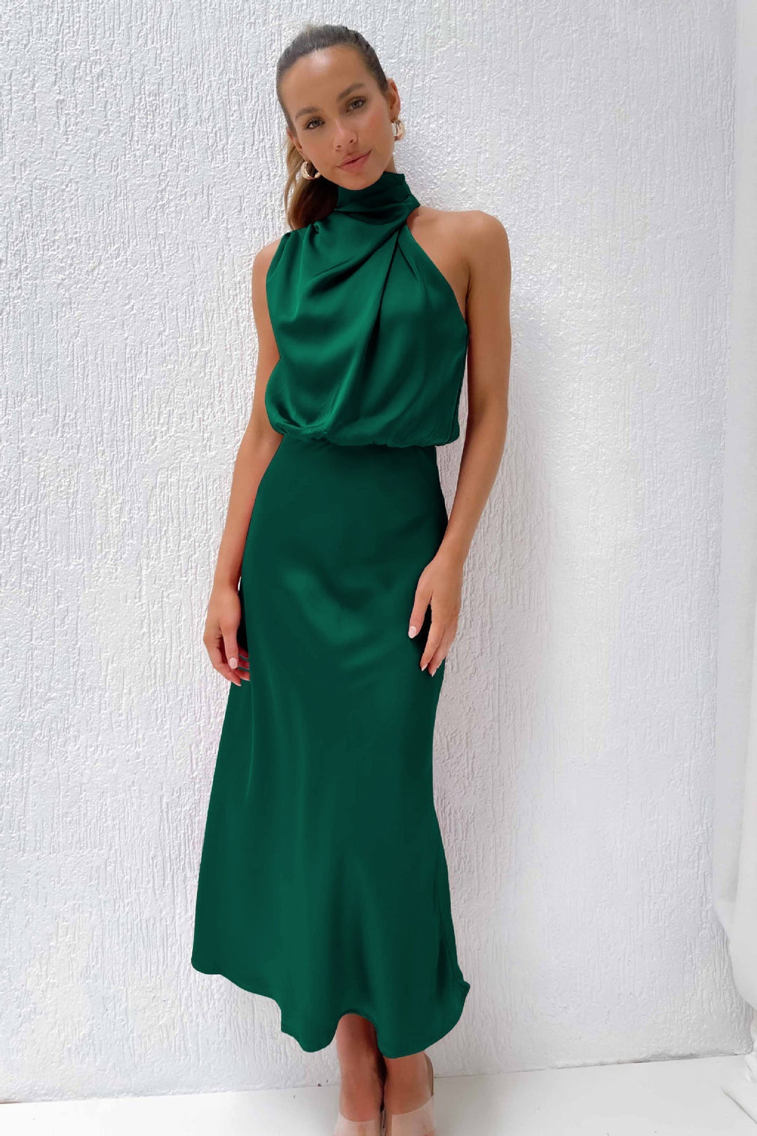 Marga - Long Satin Dress With American Neckline