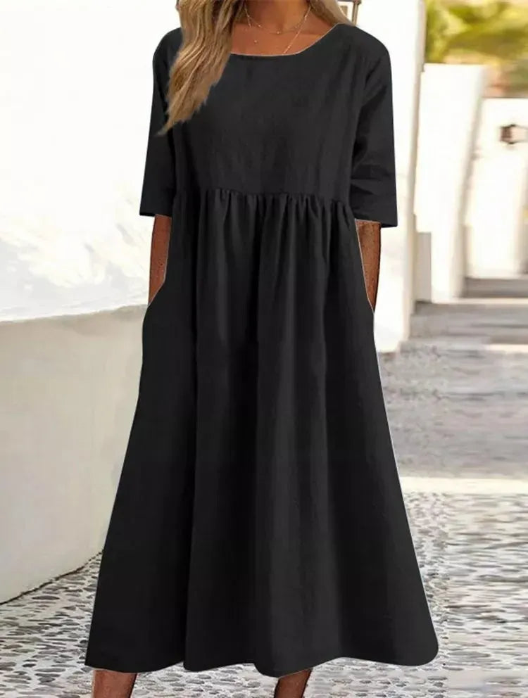 Round neck pocket cotton dress