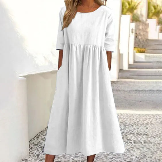 Round neck pocket cotton dress