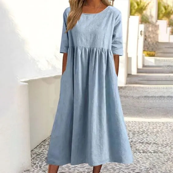 Round neck pocket cotton dress