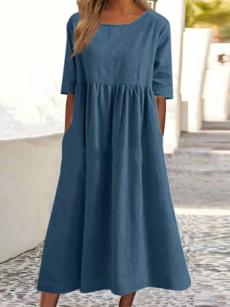 Round neck pocket cotton dress